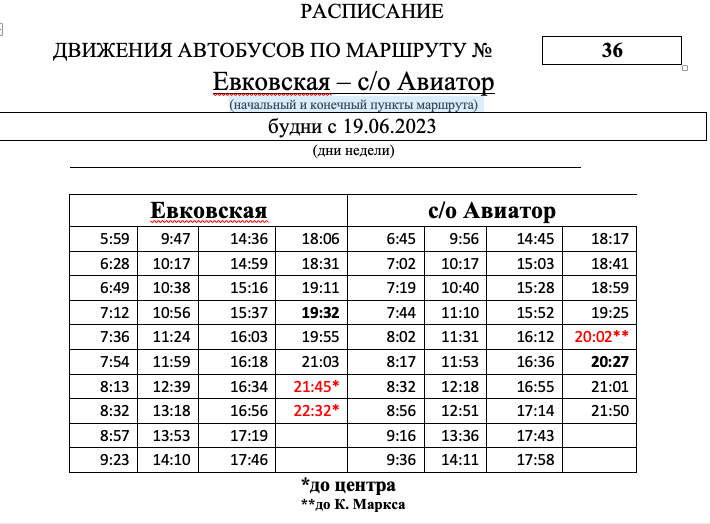 Расписание автобусов первого маршрута